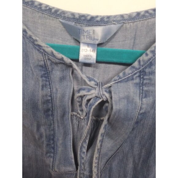 Time Tru chambray blouse top ruffled cap sleeve peasant cottagecore front ties - Picture 4 of 8